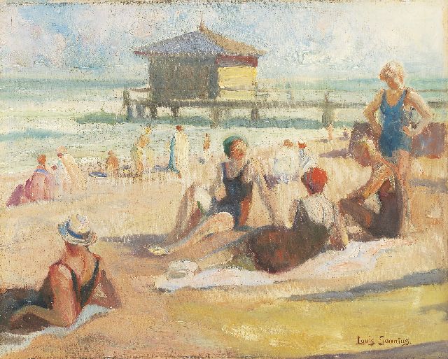 Soonius L.  | Zonnebaders op het strand, olieverf op schildersboard 29,8 x 36,7 cm, gesigneerd r.o.
