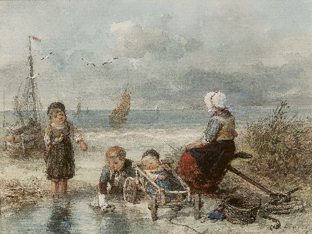 Mari ten Kate | Vissersvrouw met haar kinderen op het strand, aquarel op papier, 20,6 x 28,3 cm, gesigneerd r.o.