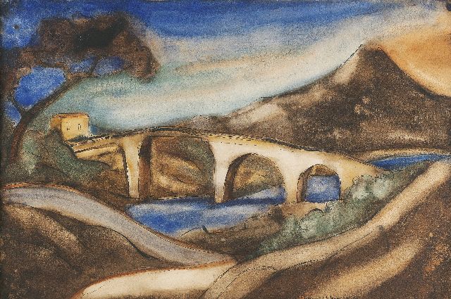 Schelfhout L.  | De brug, inkt, krijt en aquarel op papier 34,4 x 51,0 cm, gesigneerd r.o. en gedateerd '1920 Corse'