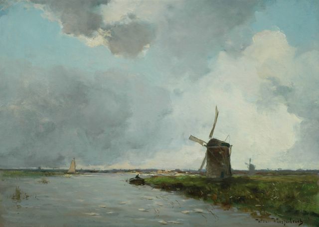 Willem Weissenbruch | Winderig weer: molen in een polderlandschap, olieverf op doek, 40,1 x 56,4 cm, gesigneerd r.o.