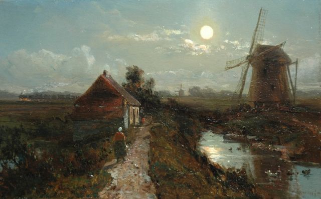Immerzeel C.  | Dijkhuis en molen bij maanlicht met een trein aan de horizon, olieverf op paneel 15,5 x 24,5 cm, gesigneerd r.o.