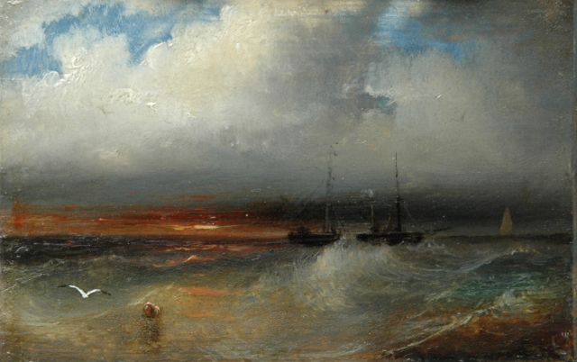 Schelfhout A.  | Zonsondergang op zee, olieverf op koper 6,2 x 9,4 cm, gesigneerd op de achterzijde en te dateren ca. 1845-1849