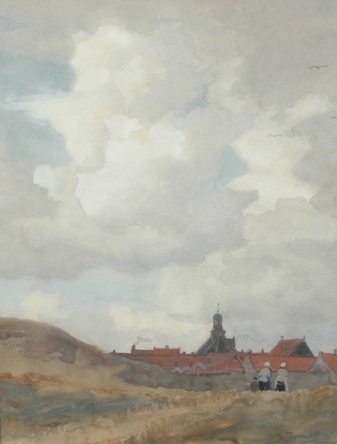 Poggenbeek G.J.H.  | Duinen bij Noordwijk aan Zee met huiswaarts kerende vissersvrouwen, aquarel op papier 63,7 x 47,9 cm, gesigneerd r.o.