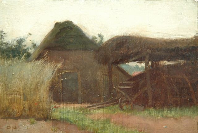 Piet Meiners | Boerenschuur met overdekte open wagenschuur, olieverf op paneel, 14,7 x 21,4 cm, gesigneerd l.o. met initialen
