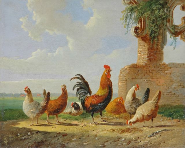 Verhoesen A.  | Een haan en zes kippen in een zomerlandschap, olieverf op paneel 13,6 x 17,0 cm, gesigneerd l.o.