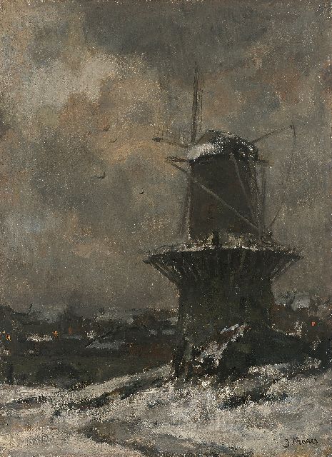 Jacob Maris | Stellingmolen in besneeuwd landschap bij avond, olieverf op doek, 47,4 x 35,2 cm, gesigneerd r.o.