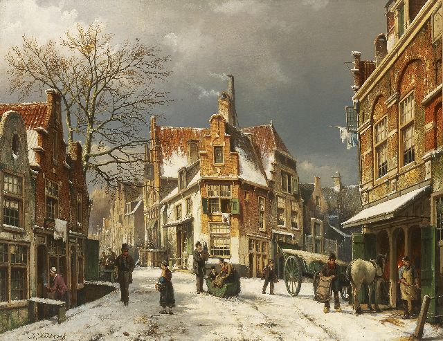 Koekkoek W.  | Winters Enkhuizen hoek Dijk/Sint Jansstraat, olieverf op doek 54,3 x 69,6 cm, gesigneerd l.o. en gedateerd 13 januari 1892 op etiket  VERKOCHT