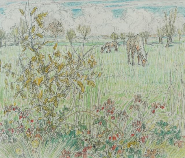 Kennedy R.W.  | Wei met paarden en bloemen, gekleurd krijt op papier 15,8 x 18,0 cm, te dateren na 1928