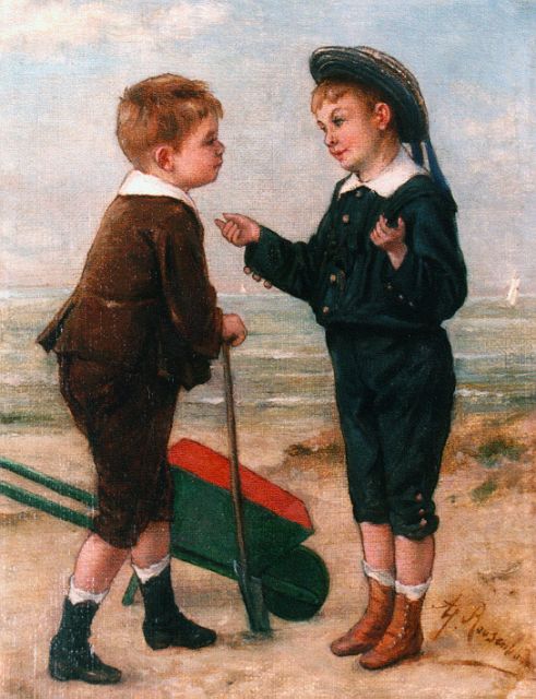 Albert Roosenboom | Twee vriendjes met kruiwagen aan het strand, olieverf op doek, 24,5 x 19,2 cm, gesigneerd r.o.