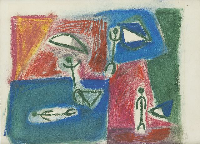 Nanninga J.  | Compositie met figuren, gekleurd krijt op papier 22,0 x 29,0 cm