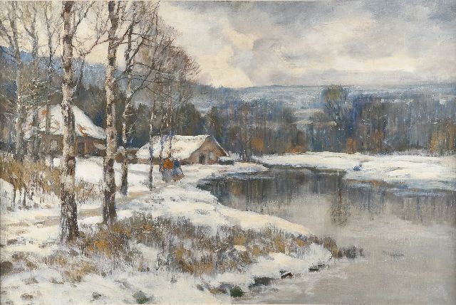 Louis van Soest | Veluws winterlandschap met figuren, olieverf op doek, 60,3 x 90,0 cm, zonder lijst
