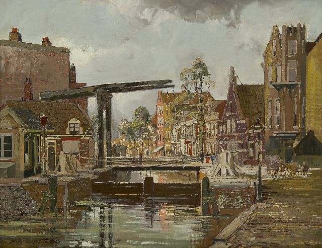 Melcher Tilmes J.H.  | Brug over de Schinkel, de Sluis bij de Overtoom Amsterdam, olieverf op doek 35,2 x 44,7 cm, gesigneerd l.o.