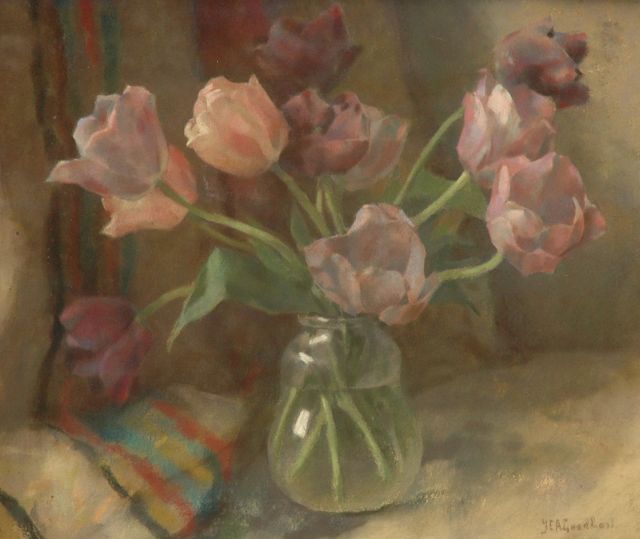 Goedhart J.C.A.  | Tulpen in glazen vaas, pastel op doek 50,0 x 60,0 cm, gesigneerd r.o.