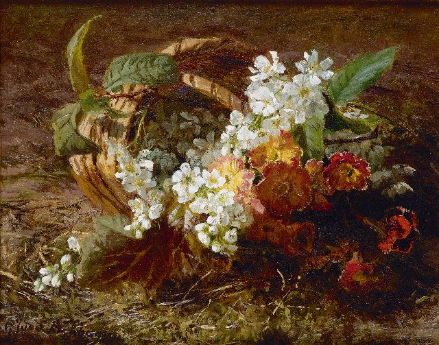 Sande Bakhuyzen G.J. van de | Stilleven met kersenbloesem en primula's, olieverf op paneel 20,8 x 26,1 cm, gesigneerd l.o.