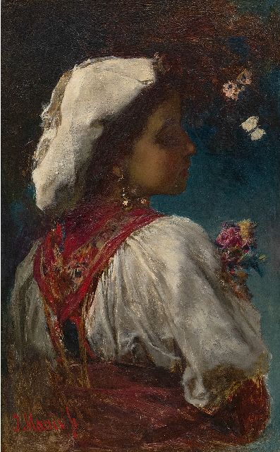 Maris J.H.  | Italienne met bloemen en vlinders, olieverf op paneel 33,0 x 20,9 cm, gesigneerd l.o. en te dateren ca. 1866-1868
