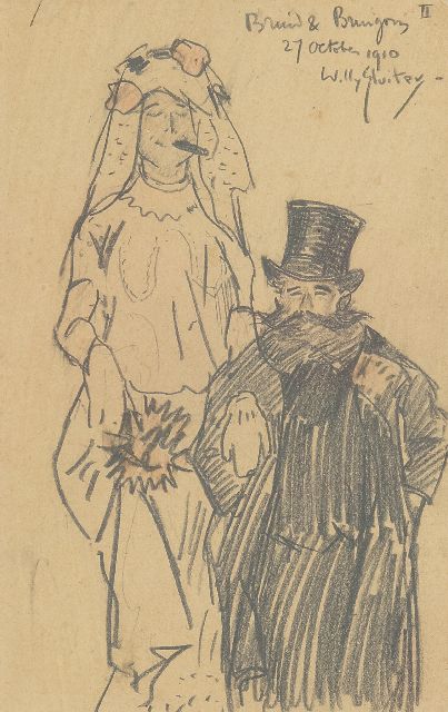 Sluiter J.W.  | Bruid en bruigom, potlood op papier 19,5 x 12,5 cm, gesigneerd r.b. en gedateerd 27 october 1910