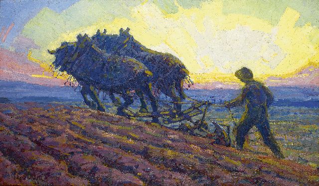 Herman Gouwe | Ploegende paarden bij zonsopkomst, olieverf op doek, 48,8 x 82,0 cm, gesigneerd l.o. en te dateren ca. 1916-1918