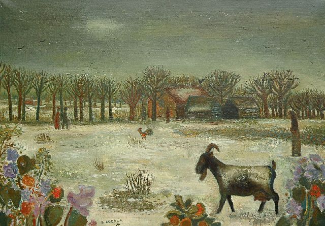 Kees Andréa | Winterlandschap met mensen en dieren, olieverf op doek, 50,4 x 70,4 cm, gesigneerd l.v.h.m. en gedateerd 1940