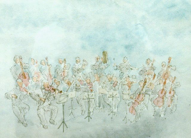 Cheto M. del | Orkest, aquarel op papier 24,0 x 30,5 cm, gesigneerd r.o.imon en gedateerd '84