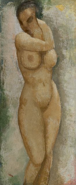 Toon Kelder | Vrouwelijk naakt staand, olieverf op doek, 70,3 x 30,5 cm, gesigneerd l.o.