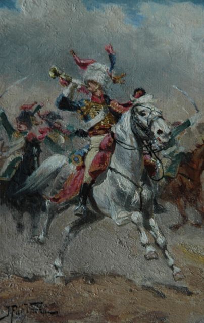 Veer J.P. de | Rode huzaren te paard, olieverf op papier 14,4 x 9,8 cm, gesigneerd l.o.