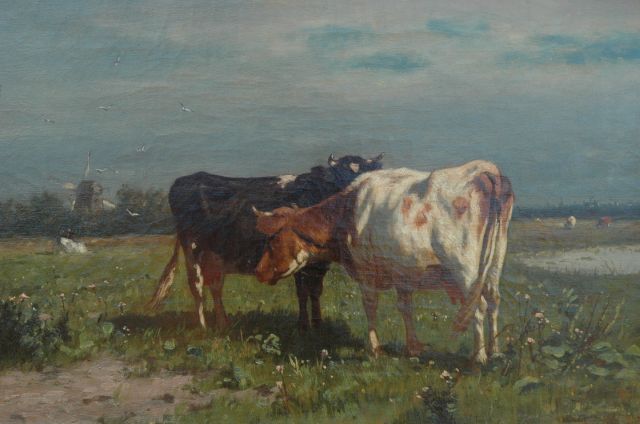 Jan de Haas | Twee koeien in een wei, olieverf op doek, 30,3 x 45,6 cm