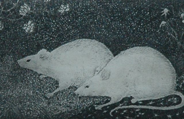 Mankes J.  | Twee muizen, kopergravure op papier 6,9 x 10,0 cm, gesigneerd r.o. (in potlood) en te dateren 1916