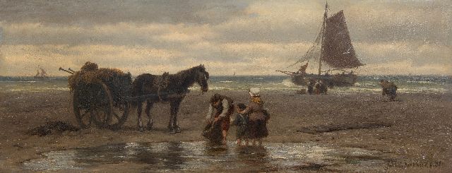 Koekkoek J.H.B.  | Schelpenvisser en familie op het strand, olieverf op doek 24,2 x 62,7 cm, gesigneerd r.o.
