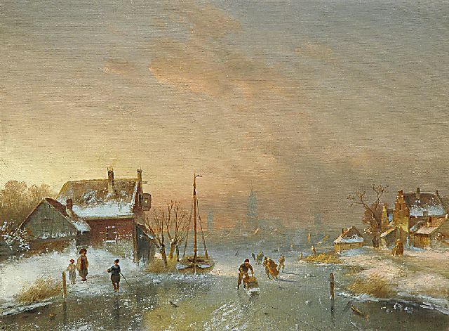 Charles Leickert | Schaatspret op een bevroren rivier bij een stad, olieverf op doek, 40,7 x 54,3 cm, gesigneerd r.o. gesigneerd (vaag)