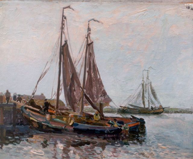 Elsinga J.  | Afgemeerde vissersboten, olieverf op doek op paneel 26,6 x 31,5 cm, gedateerd 1937