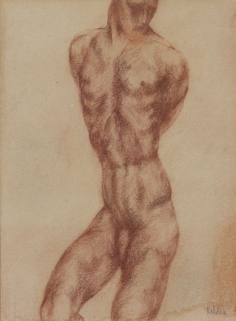 Toon Kelder | Mannentorso, rood krijt op papier, 25,0 x 18,7 cm, gesigneerd r.o.