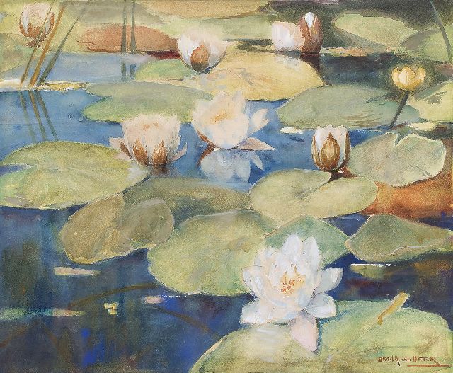 Beek B.A. van | Waterlelies, aquarel op papier 46,3 x 55,8 cm, gesigneerd r.o.