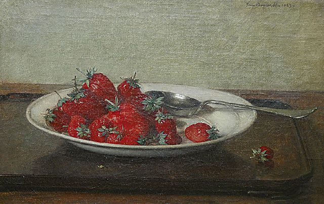 Bogaerts J.J.M.  | Stilleven met aardbeien op een aardewerken bord, olieverf op doek 27,1 x 41,4 cm, gesigneerd r.b. en gedateerd 1929