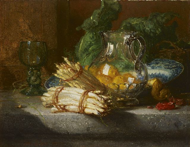 Maria Vos | Stilleven met asperges en citroenen, olieverf op paneel, 24,6 x 32,1 cm, gesigneerd l.o. en verso op etiket en gedateerd 1877