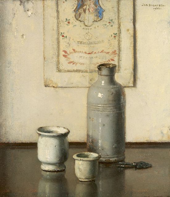Bogaerts J.J.M.  | Stilleven met ronde zalfpotten, olieverf op doek 31,6 x 27,7 cm, gesigneerd r.b. en gedateerd 1936