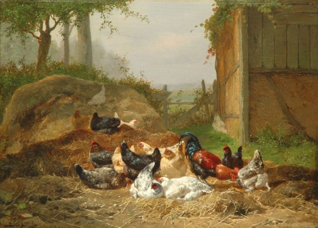 Maes E.R.  | Haan met kippen in het hooi (alleen tezamen met winter), olieverf op paneel 26,5 x 36,0 cm, gesigneerd l.o.