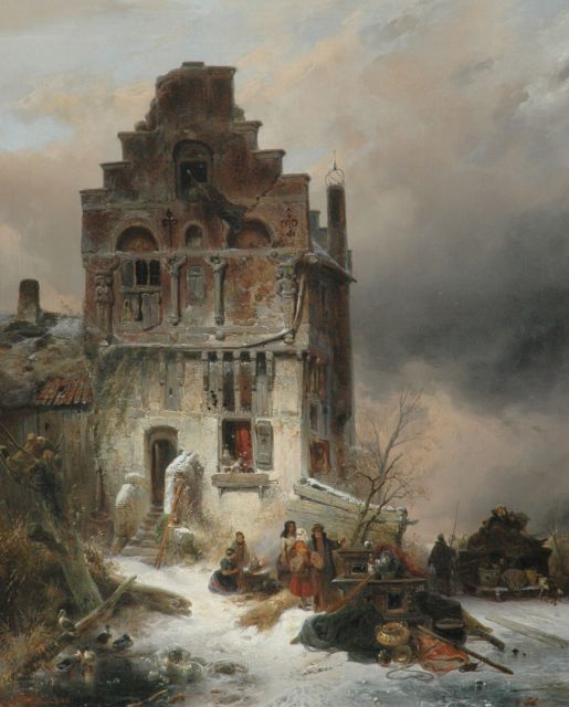 Wijnand Nuijen | Verhuizen op een winterse dag, olieverf op doek, 112,9 x 91,6 cm, gesigneerd l.o. en gedateerd 1837