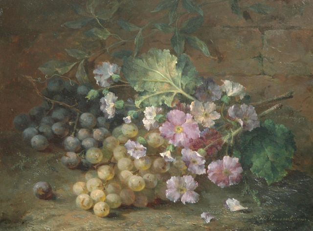 Roosenboom M.C.J.W.H.  | Stilleven met primula's en druiven, olieverf op paneel 31,7 x 41,7 cm, gesigneerd r.o.