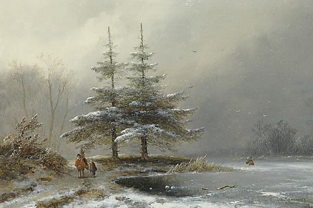 John Franciscus Hoppenbrouwers | Op weg in de sneeuw, olieverf op paneel, 25,6 x 36,5 cm, gesigneerd r.o. en gedateerd 1865