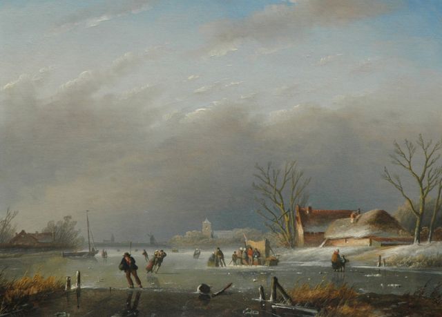 Jan Jacob Spohler | Een middag op het ijs, olieverf op paneel, 24,0 x 32,6 cm, gesigneerd l.o.
