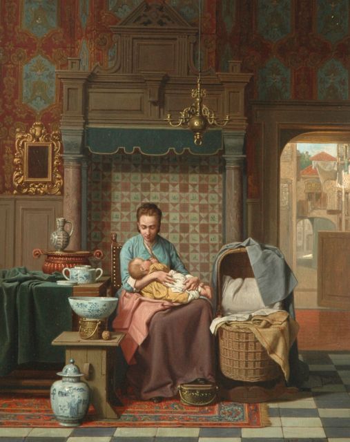 Carel Jozeph Grips | Oudhollands interieur met moeder en kind, olieverf op paneel, 44,4 x 34,8 cm, gesigneerd r.o. en gedateerd 1876