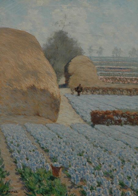 Anton Koster | Velden met lila hyacinten en rietschelven bij Heemstede, olieverf op doek, 70,2 x 50,5 cm, gesigneerd l.o.