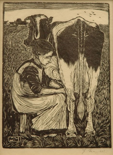 Jan Mankes | Koemelkster, houtsnede op Chinees papier, 19,2 x 14,5 cm, gesigneerd met mon. in het blok en r.o. voluit (in potlood) en te dateren 1914