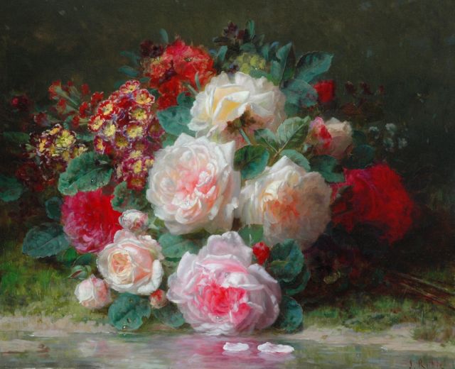 Robie J.B.  | Bloemstilleven met rozen en primula's, olieverf op paneel 39,8 x 48,1 cm, gesigneerd r.o.