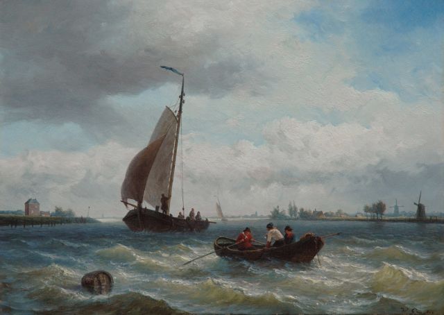 Willem Gruijter jr. | Zeilende botter en roeiboot bij een haveningang, olieverf op doek, 40,6 x 57,1 cm, gesigneerd r.o.