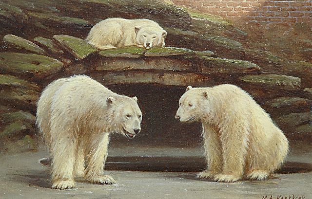 Koekkoek II M.A.  | IJsberen in het buitenverblijf van Artis, olieverf op papier op board 16,6 x 25,2 cm, gesigneerd r.o. en VERKOCHT