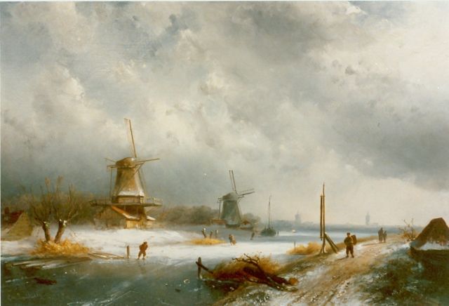 Charles Leickert | Hollands winterlandschap met schaatsers, olieverf op paneel, 29,6 x 47,8 cm, gesigneerd r.o.