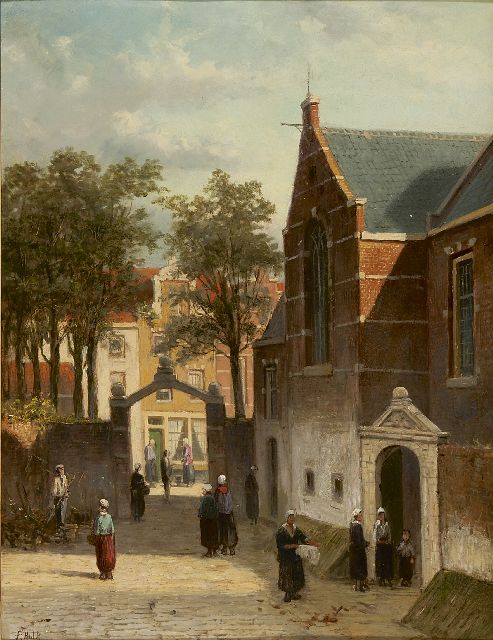 Johannes Frederik Hulk | Bedrijvigheid op een Hollands kerkplein, olieverf op paneel, 46,0 x 35,4 cm, gesigneerd l.o.