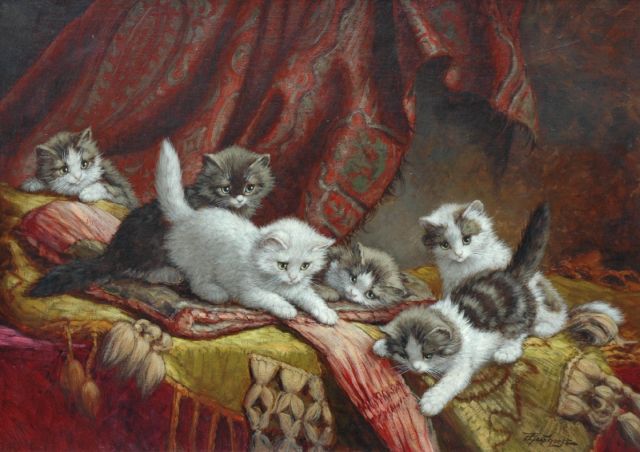 Cornelis Raaphorst | Zes spelende katjes op een kussen, olieverf op doek, 50,3 x 70,4 cm, gesigneerd r.o.