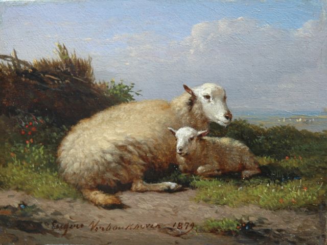 Eugène Verboeckhoven | Schaap met lam, olieverf op paneel, 6,9 x 9,2 cm, gesigneerd m.o. en gedateerd 1879
